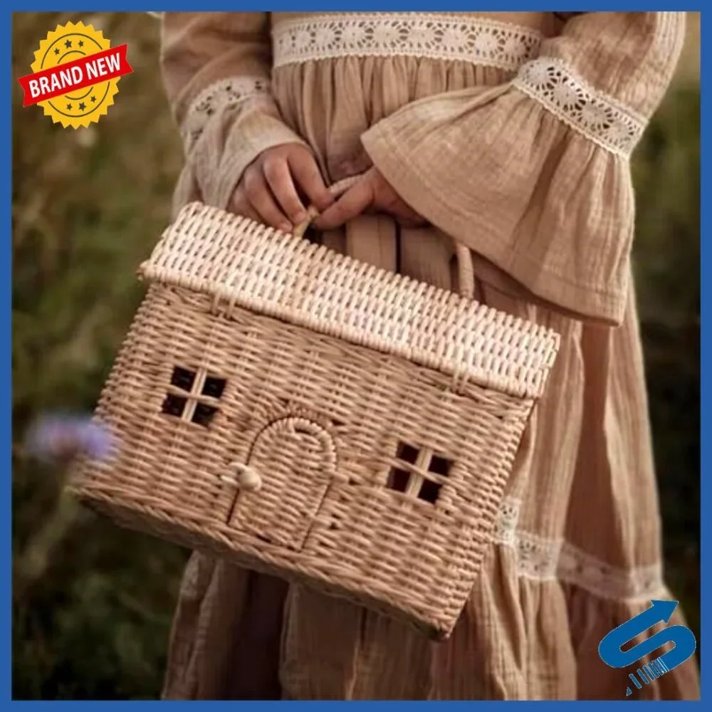 Handwoven Rattan Tote Large Capacity House Shape Beach Bag Boho Chic